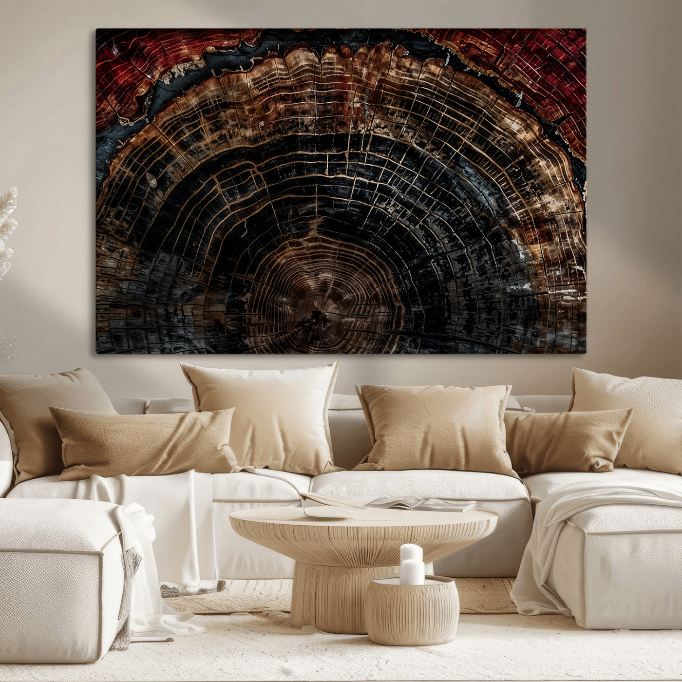 43686762-MGV-CV-36X24-Dark Wood Ring Wall Art Canvas Print, Framed Abstract Wood Tree Art Picture Print, Rustic Tree Slice Perfect Rustic Decor Artwork