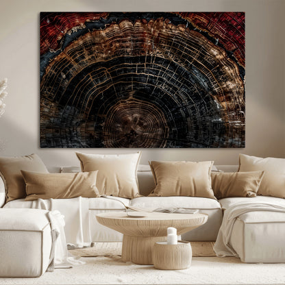 43686762-MGV-CV-36X24-Dark Wood Ring Wall Art Canvas Print, Framed Abstract Wood Tree Art Picture Print, Rustic Tree Slice Perfect Rustic Decor Artwork