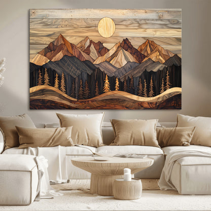 50100230-MGV-CV-36X24-Wooden Mountain Wall Art – Rustic Nature Landscape Canvas Print, Handmade Style Sun, Forest, and Peaks Artwork for Living Room,