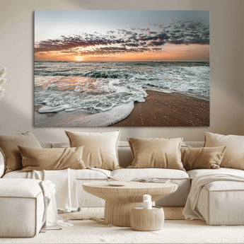 40632752-MGV-CV-36X24-Ocean Sunset Wall Art Canvas Print, Framed Beach Waves Art Picture Print, Coastal Scene Perfect Coastal Decor Artwork
