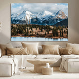 36247746-MGV-CV-36X24-Snowy Peaks Wall Art Canvas Print, Framed Alpine Lake Art Picture Print, Pine Forest Perfect Alpine Wilderness Decor Artwork