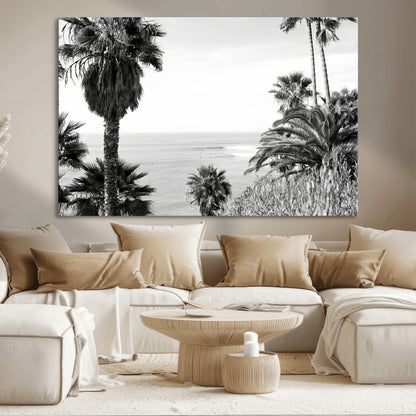 89458520-MGV-CV-36X24-Palm Trees Wall Art Canvas Print, Framed Coastal View Art Picture Print, Ocean Horizon Perfect Monochrome Coast Decor Artwork