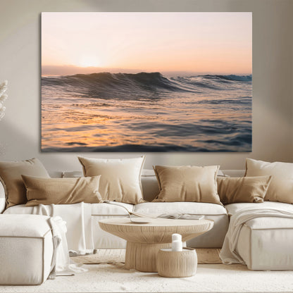 46299358-MGV-CV-36X24-Sunset Waves Wall Art Canvas Print, Framed Ocean Horizon Art Picture Print, Golden Water Perfect Golden Hour Coastal Decor Artwork