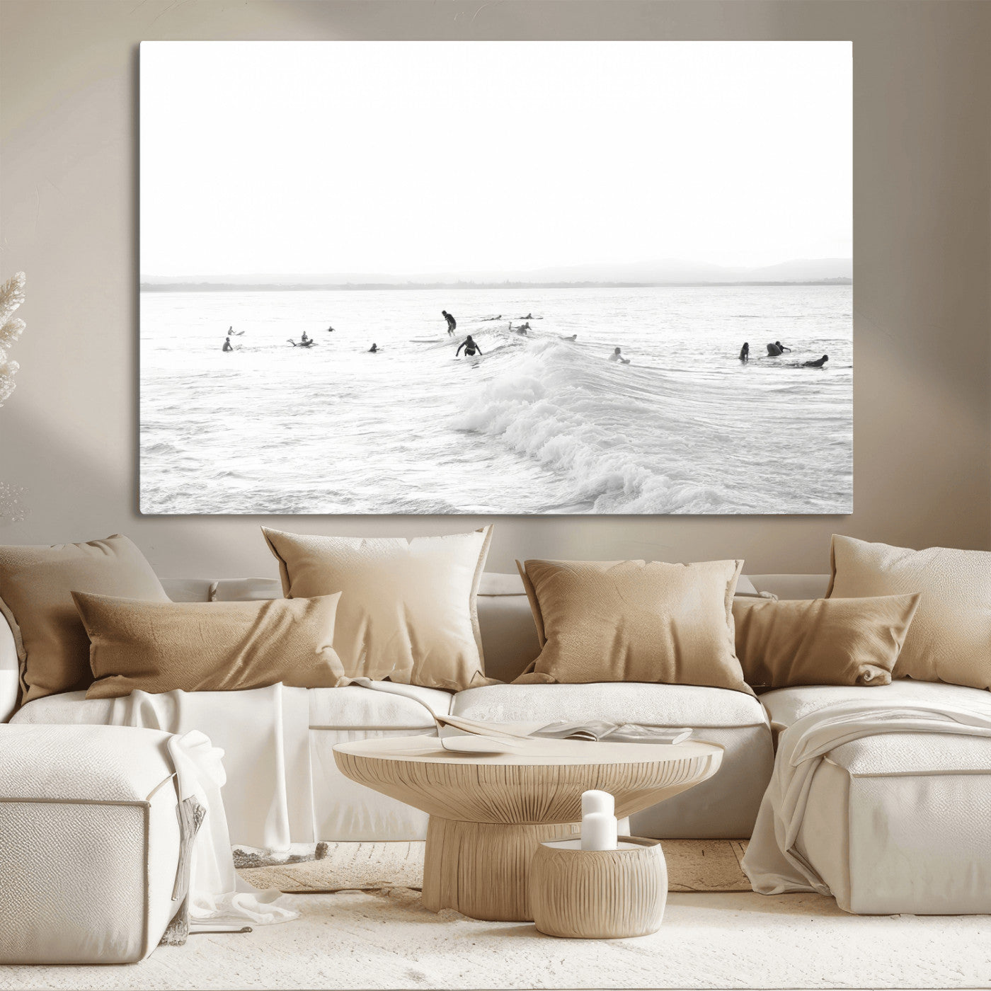 33449548-MGV-CV-36X24-Group Surfers Wall Art Canvas Print, Framed Ocean Wave Art Picture Print, Surf Crowd Perfect Monochrome Surf Decor Artwork