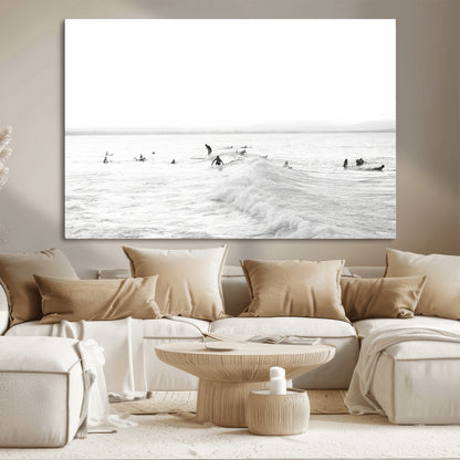 33449548-MGV-CV-36X24-Group Surfers Wall Art Canvas Print, Framed Ocean Wave Art Picture Print, Surf Crowd Perfect Monochrome Surf Decor Artwork
