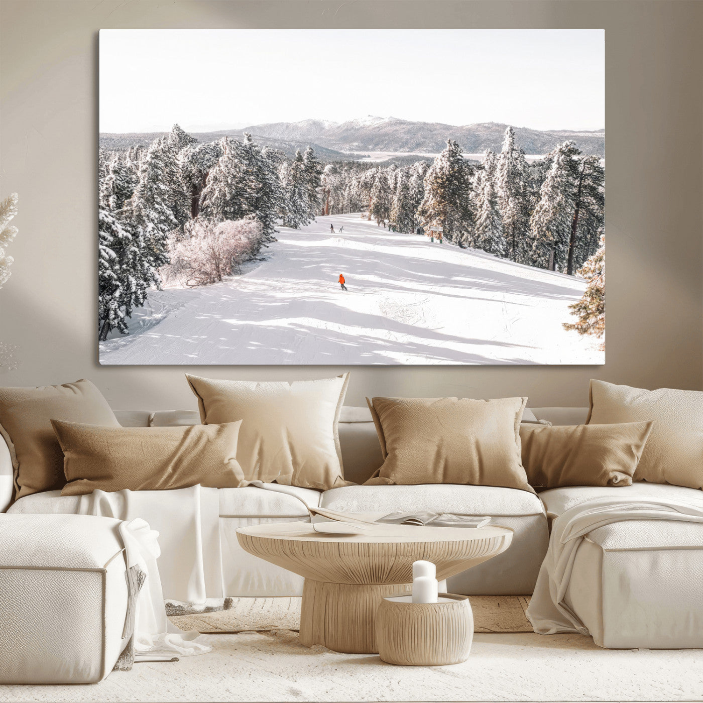 62119206-MGV-CV-36X24-Snowy Trail Wall Art Canvas Print, Framed Ski Slope Art Picture Print, Winter Pines Perfect Alpine Adventure Decor Artwork