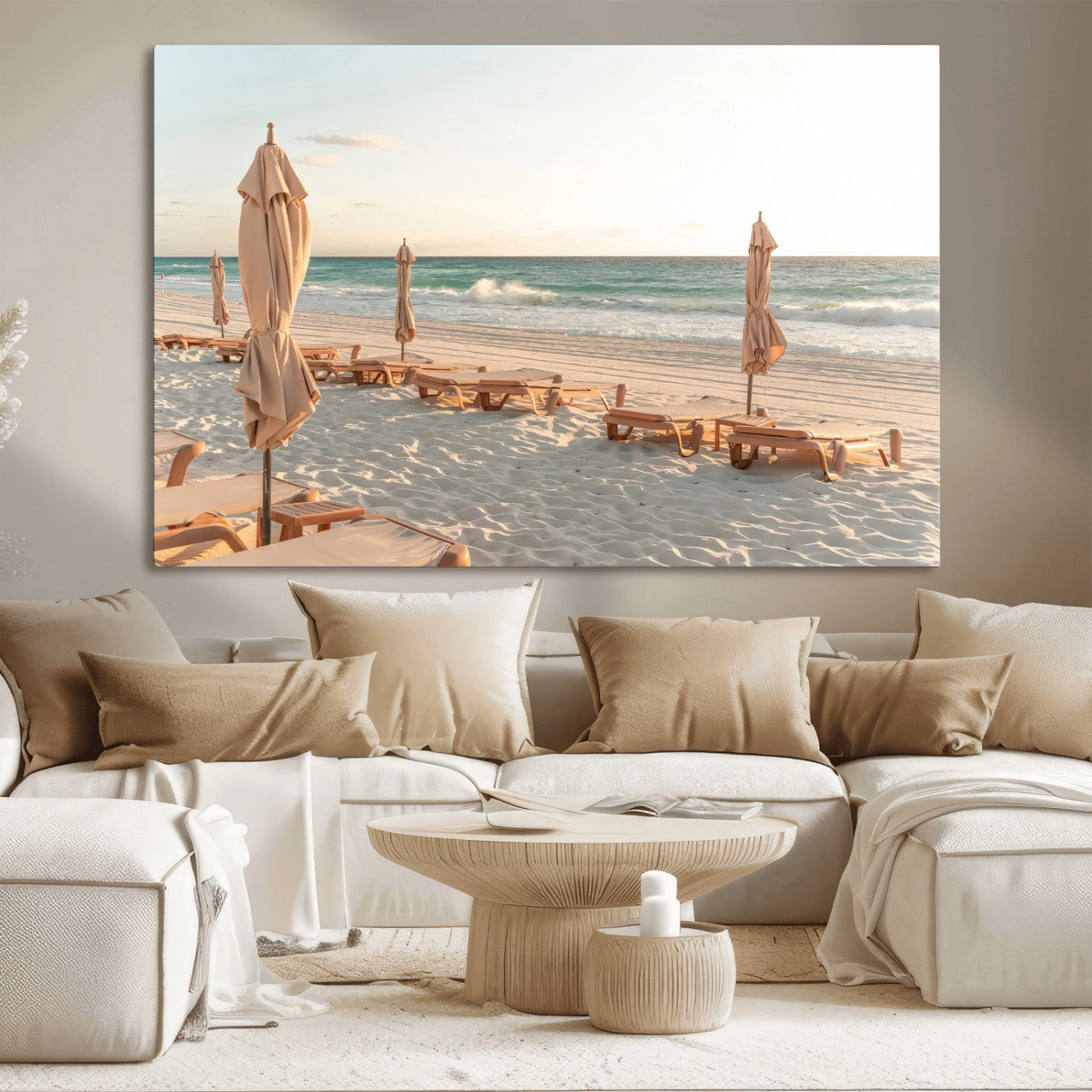 58507949-MGV-CV-36X24-Beach Umbrellas Wall Art Canvas Print, Framed Empty Loungers Art Picture Print, Soft Sand Perfect Minimalist Seaside Decor Artwork