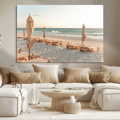 58507949-MGV-CV-36X24-Beach Umbrellas Wall Art Canvas Print, Framed Empty Loungers Art Picture Print, Soft Sand Perfect Minimalist Seaside Decor Artwork