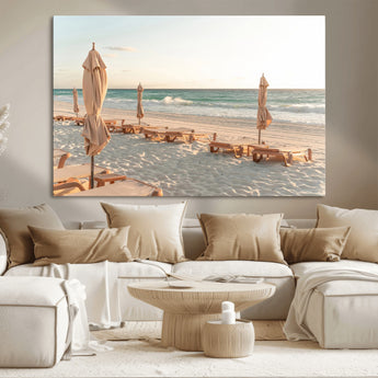 58507949-MGV-CV-36X24-Beach Umbrellas Wall Art Canvas Print, Framed Empty Loungers Art Picture Print, Soft Sand Perfect Minimalist Seaside Decor Artwork