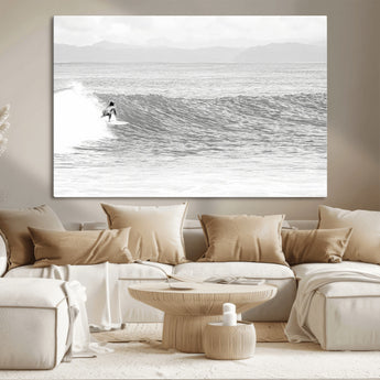 81535128-MGV-CV-36X24-Surfer Woman Wall Art Canvas Print, Framed Black Ocean Art Picture Print, Ocean Surfing Perfect Monochrome Coastal Decor Artwork