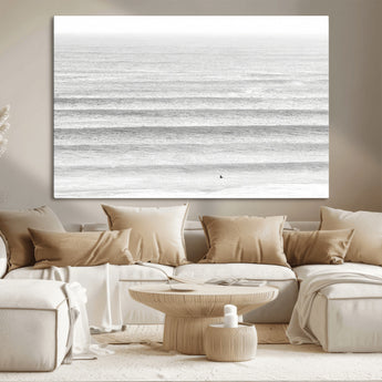 66534476-MGV-CV-36X24-Lone Surfer Wall Art Canvas Print, Framed Ocean Waves Art Picture Print, Minimal Sea Perfect Minimal Coastal Decor Artwork