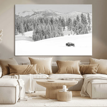 68081143-MGV-CV-36X24-Snowy Bison Wall Art Canvas Print, Framed Winter Forest Art Picture Print, Lone Bison Perfect Monochrome Winter Wild Decor Artwork