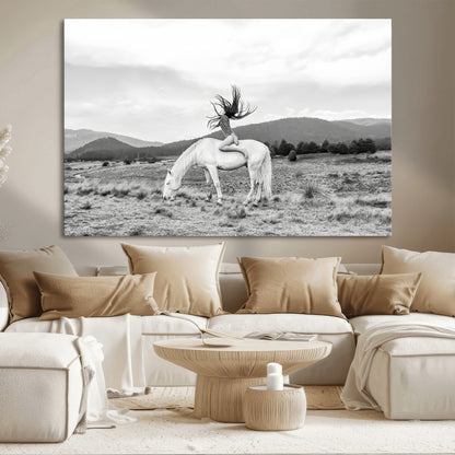 62789800-MGV-CV-36X24-White Horse Wall Art Canvas Print, Framed Woman Rider Art Picture Print, Equestrian Pose Perfect Western Boho Decor Artwork