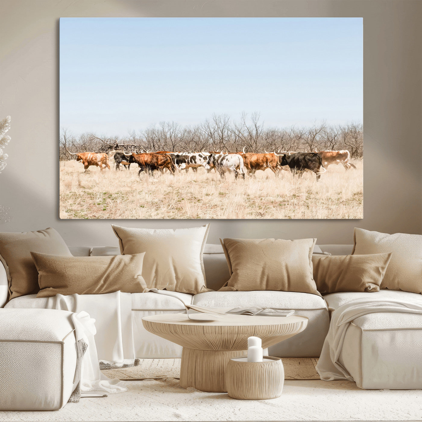 16563092-MGV-CV-36X24-Texas Longhorns Wall Art Canvas Print, Framed Western Cattles Art Picture Print, Rustic Herd Perfect Rustic Farmhouse Decor