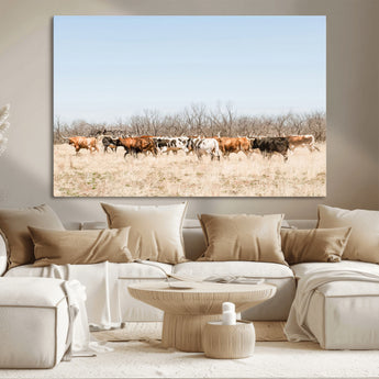 16563092-MGV-CV-36X24-Texas Longhorns Wall Art Canvas Print, Framed Western Cattles Art Picture Print, Rustic Herd Perfect Rustic Farmhouse Decor