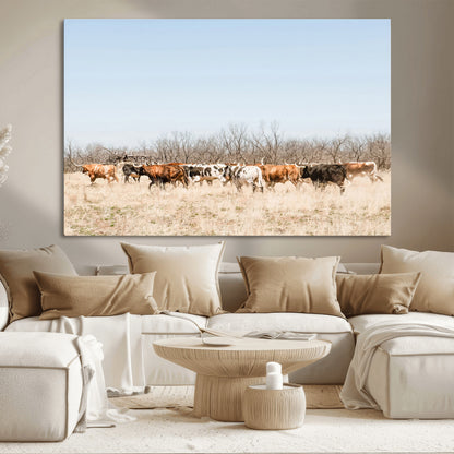 16563092-MGV-CV-36X24-Texas Longhorns Wall Art Canvas Print, Framed Western Cattles Art Picture Print, Rustic Herd Perfect Rustic Farmhouse Decor