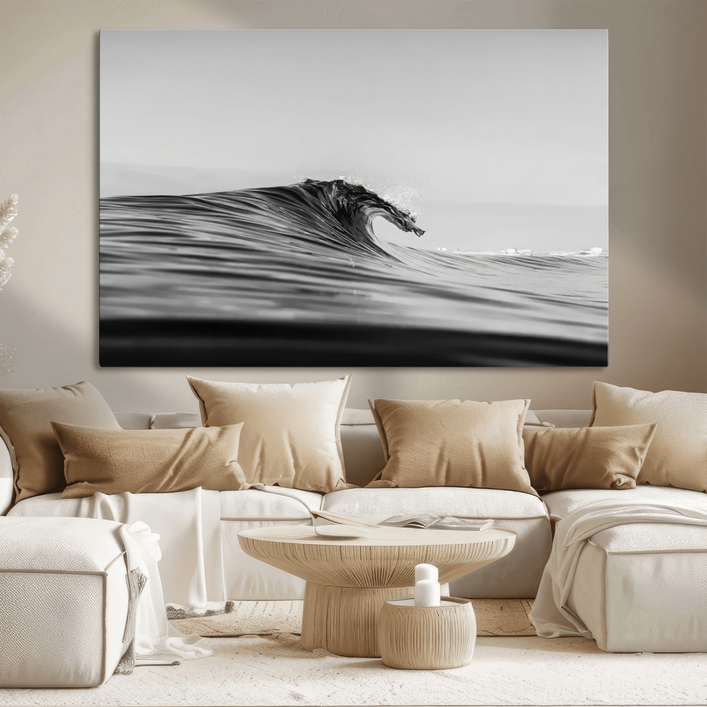 24029476-MGV-CV-36X24-Black Wave Wall Art Canvas Print, Framed Abstract Surf Art Picture Print, Minimalist Ocean Perfect Minimalist Coastal Decor