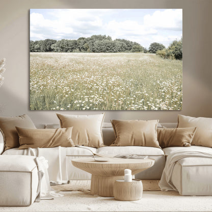 43258946-MGV-CV-36X24-Daisy Field Wall Art Canvas Print, Framed Pastel Flower Art Picture Print, Meadow Bloom Perfect Scandinavian Minimalist Decor