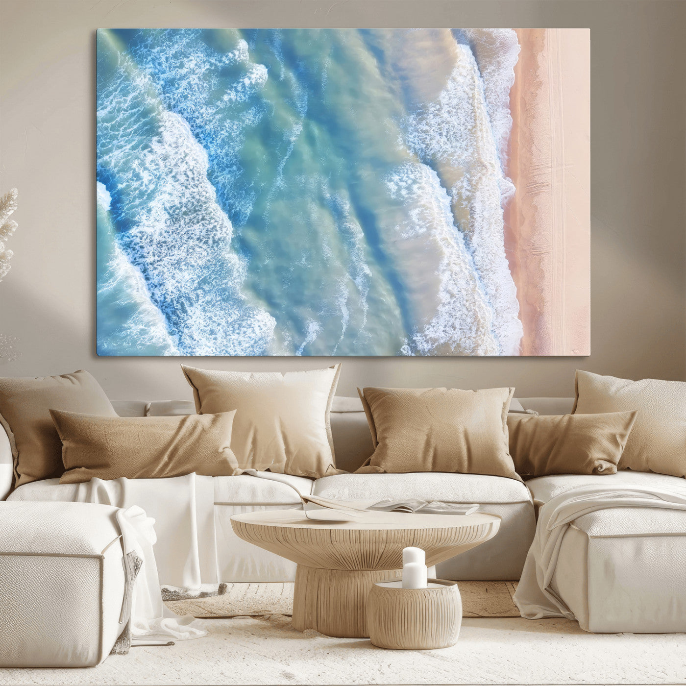 17641845-MGV-CV-36X24-Aerial Ocean Wall Art Canvas Print, Framed Blue Waves Art Picture Print, Sandy Shoreline Perfect Modern Coastal Decor Artwork