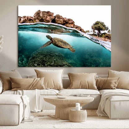 44200301-MGV-CV-36X24-Sea Turtle Swim Wall Art Canvas Print, Framed Ocean Life Art Picture Print, Tropical Shoreline Perfect Tropical Coastal Decor