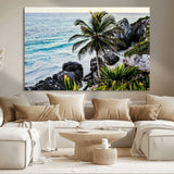 94669907-MGV-CV-36X24-Tropical Coastline Wall Art Canvas Print, Framed Palm Tree Art Picture Print, Rocky Beach Perfect Tropical Coastal Decor Artwork