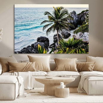 94669907-MGV-CV-36X24-Tropical Coastline Wall Art Canvas Print, Framed Palm Tree Art Picture Print, Rocky Beach Perfect Tropical Coastal Decor Artwork