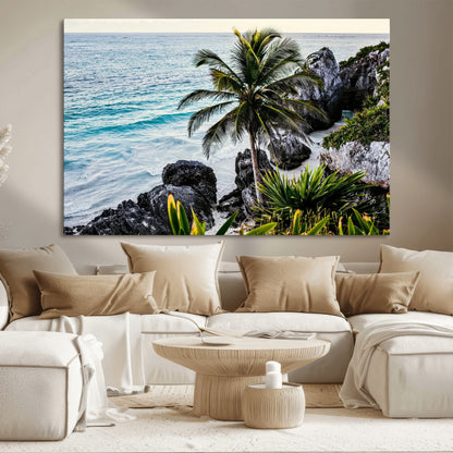 94669907-MGV-CV-36X24-Tropical Coastline Wall Art Canvas Print, Framed Palm Tree Art Picture Print, Rocky Beach Perfect Tropical Coastal Decor Artwork