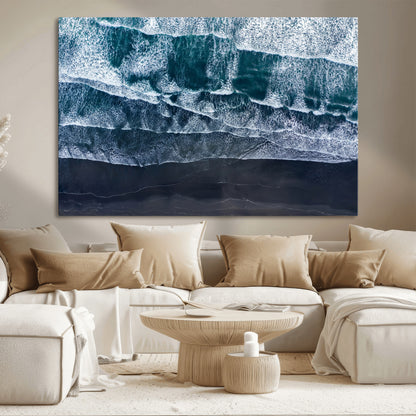 87941475-MGV-CV-36X24-Black Beach Wall Art Canvas Print, Framed Aerial Ocean Art Picture Print, Moody Coastal Perfect Modern Coastal Decor Artwork