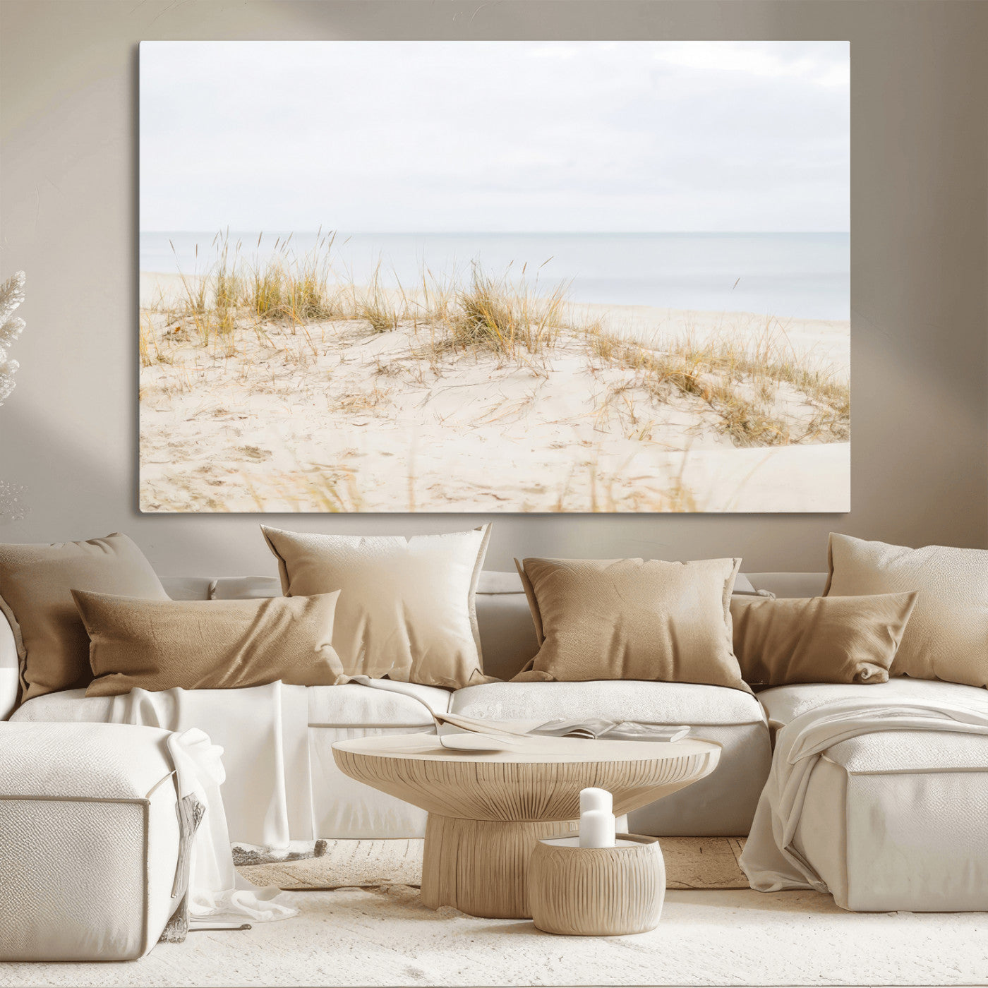 13146857-MGV-CV-36X24-Beach Dunes Wall Art Canvas Print, Framed Soft Horizon Art Picture Print, Coastal Grass Perfect Minimalist Coastal Decor Artwork