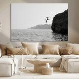 52284302-MGV-CV-36X24-Cliff Jumping Wall Art Canvas Print, Framed Ocean Adventure Art Picture Print, Black White Coast Perfect Modern Coastal Decor