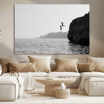 52284302-MGV-CV-36X24-Cliff Jumping Wall Art Canvas Print, Framed Ocean Adventure Art Picture Print, Black White Coast Perfect Modern Coastal Decor