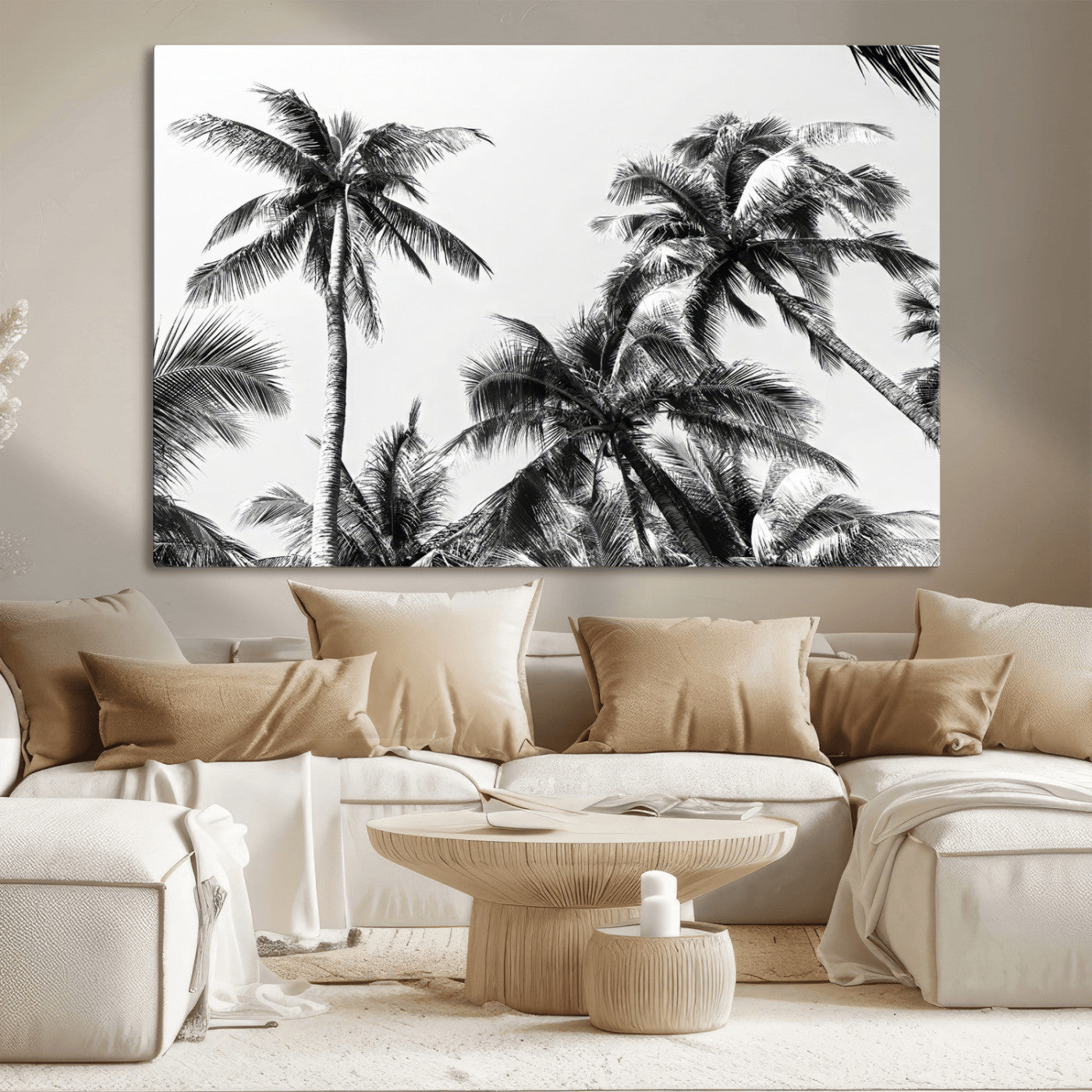 46641801-MGV-CV-36X24-Palm Tree Wall Art Canvas Print, Framed Black White Tropics Art Picture Print, Monochrome Palms Perfect Modern Tropical Minimalist