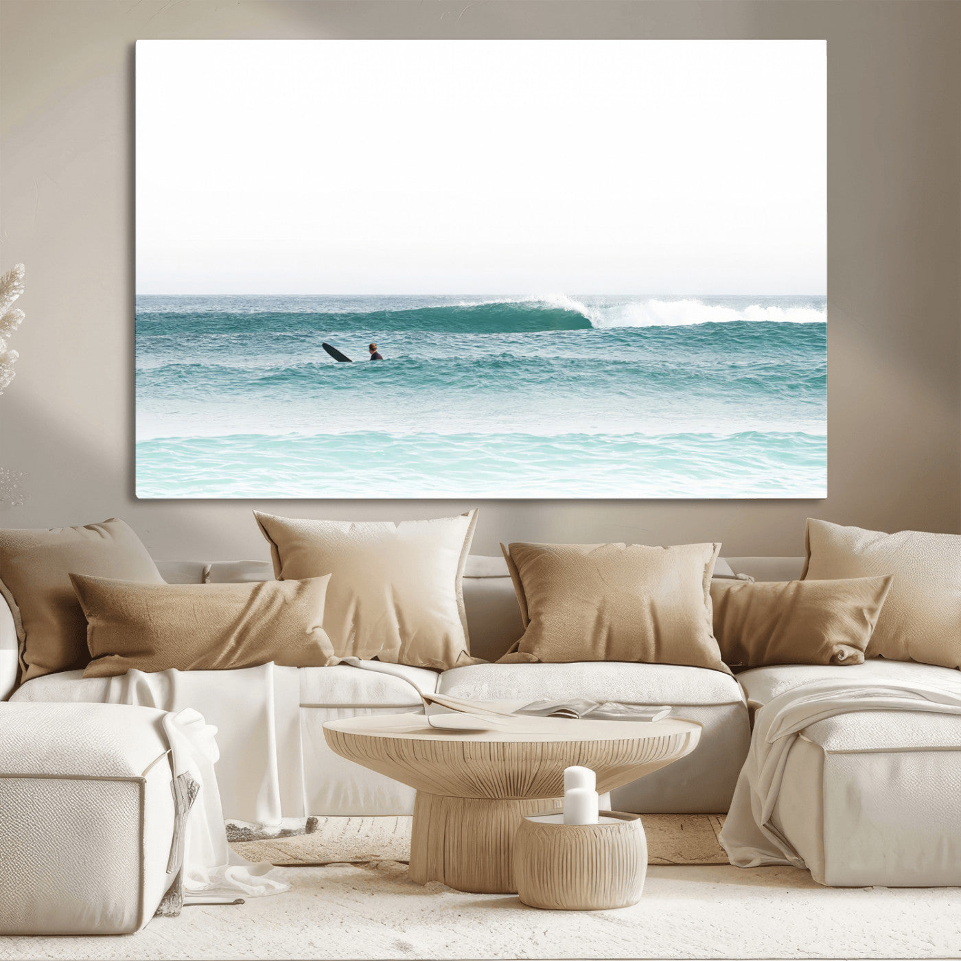 56345117-MGV-CV-36X24-Minimalist Surfing Wall Art Canvas Print, Framed Ocean Waves Art Picture Print, Soft Ocean Perfect Minimalist Coastal Decor