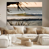 24896468-MGV-CV-36X24-Sunset Surf Wall Art Canvas Print, Framed Golden Waves Art Picture Print, Tropical Ocean Perfect Tropical Boho Decor Artwork