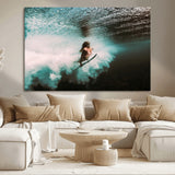 85923512-MGV-CV-36X24-Aquatic Motion Wall Art Canvas Print, Framed Underwater Swimming Art Picture Print, Female Surfer Diving Perfect Coastal Boho