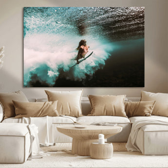 85923512-MGV-CV-36X24-Aquatic Motion Wall Art Canvas Print, Framed Underwater Swimming Art Picture Print, Female Surfer Diving Perfect Coastal Boho