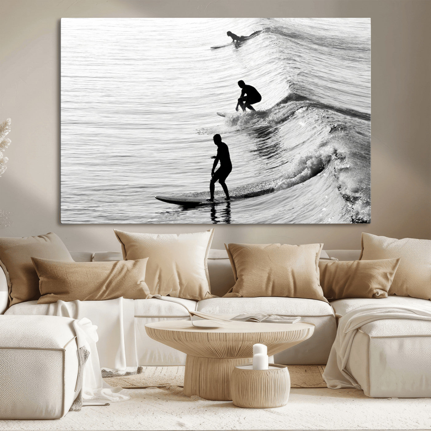19875284-MGV-CV-36X24-Surfer Waves Wall Art Canvas Print, Framed Black White Surf Art Picture Print, Monochrome Ocean Perfect Modern Coastal Decor