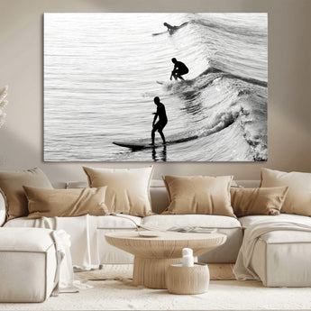 19875284-MGV-CV-36X24-Surfer Waves Wall Art Canvas Print, Framed Black White Surf Art Picture Print, Monochrome Ocean Perfect Modern Coastal Decor