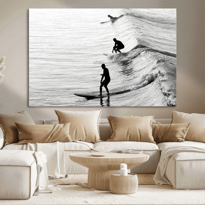 19875284-MGV-CV-36X24-Surfer Waves Wall Art Canvas Print, Framed Black White Surf Art Picture Print, Monochrome Ocean Perfect Modern Coastal Decor