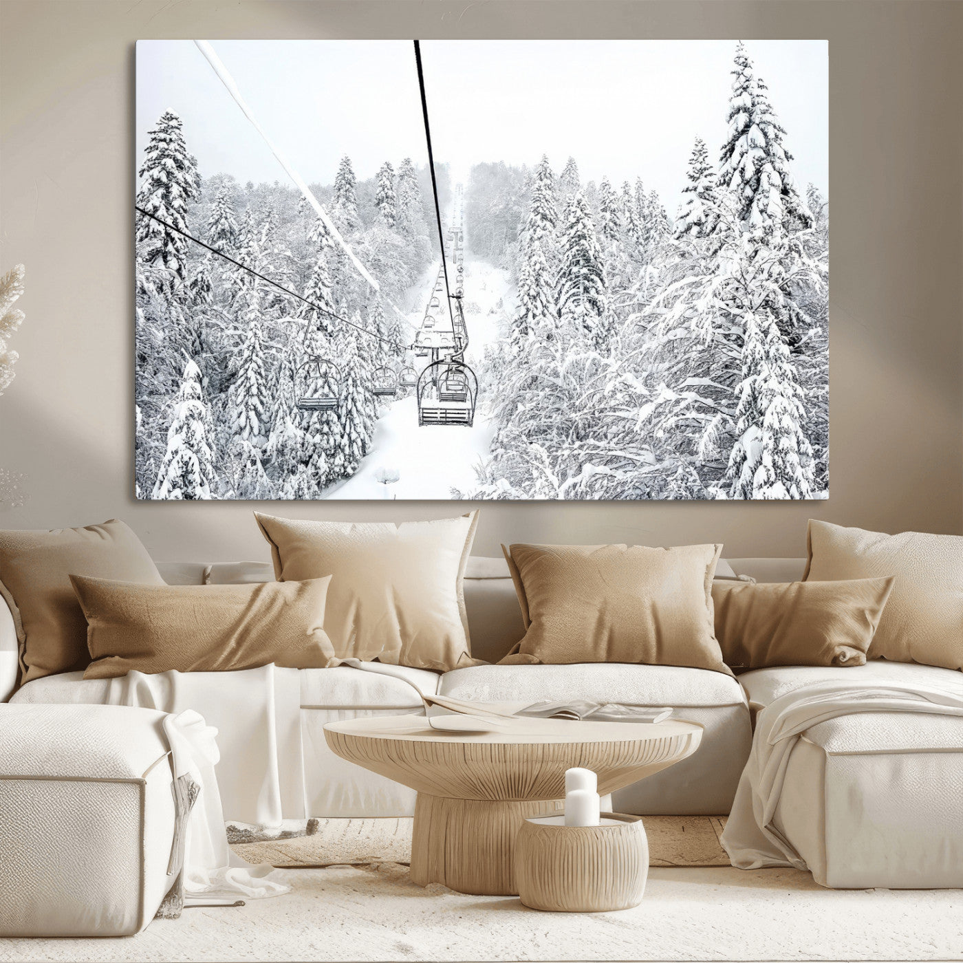 44705668-MGV-CV-36X24-Winter Forest Wall Art Canvas Print, Framed Snowy Forest Art Picture Print, Ski Lift Perfect Scandinavian Decor Artwork