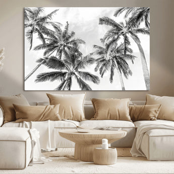 62113786-MGV-CV-36X24-Black White Palm Wall Art Canvas Print, Framed Monochrome Tropics Art Picture Print, Minimalist Beach Perfect Coastal Minimalist