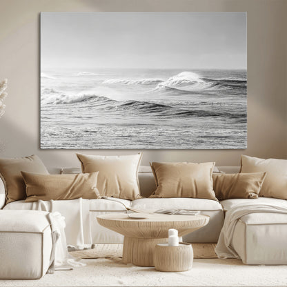 98634812-MGV-CV-36X24-Black and White Ocean Waves Wall Art – Minimalist Sea Canvas Print, Coastal Photography Decor for Living Room, Bedroom or Office