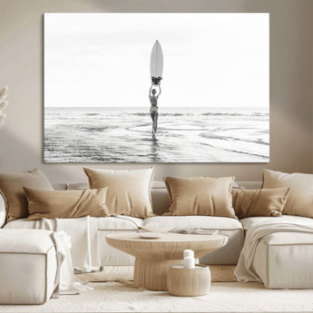 98446901-MGV-CV-36X24-Monochrome Surf Wall Art Canvas Print, Framed Minimalist Surfer Art Picture Print, Surfboard Silhouette Perfect Coastal Minimalist