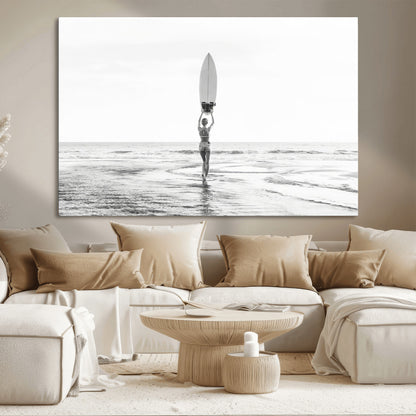 98446901-MGV-CV-36X24-Monochrome Surf Wall Art Canvas Print, Framed Minimalist Surfer Art Picture Print, Surfboard Silhouette Perfect Coastal Minimalist