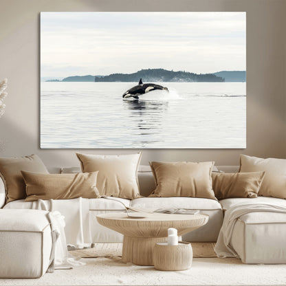 10157174-MGV-CV-36X24-Orca Whale Wall Art Canvas Print, Framed Black White Whale Art Picture Print, Minimalist Ocean Perfect Coastal Minimalist Decor