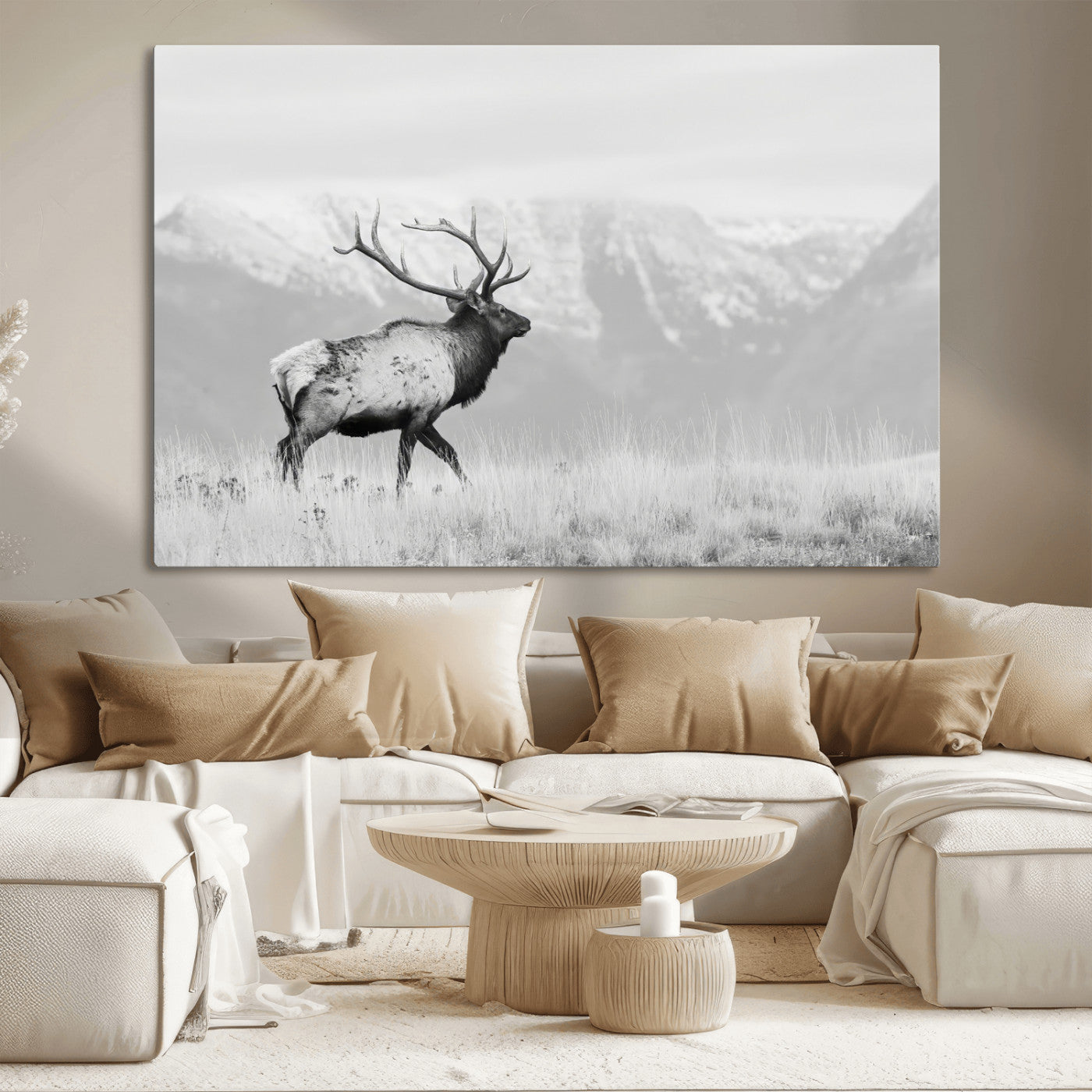 62278753-MGV-CV-36X24-Monochrome Elk Wall Art Canvas Print, Framed Mountain Wildlife Art Picture Print, Rustic Nature Perfect Rustic Minimalist Decor