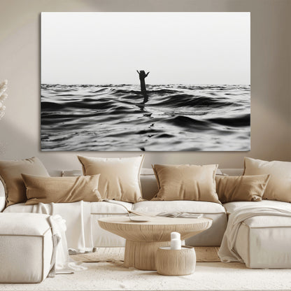 69541918-MGV-CV-36X24-Black White Ocean Wall Art Canvas Print, Framed Moody Seascape Art Picture Print, Surfer Sign Perfect Moody Minimalist Decor
