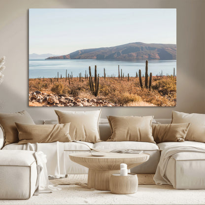 45193515-MGV-CV-36X24-Desert Cactus Wall Art Canvas Print, Framed Baja Coastline Art Picture Print, Coastal Desert Perfect Southwestern Minimalist Decor