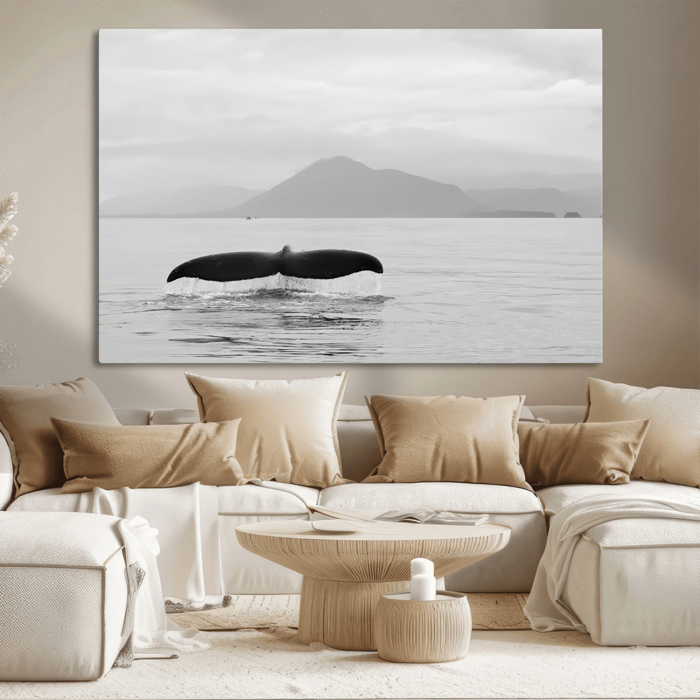 30524220-MGV-CV-36X24-Whale Tail Wall Art Canvas Print, Framed Black White Ocean Art Picture Print, Calm Marine Perfect Minimalist Coastal Decor Artwork