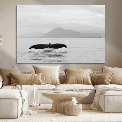 30524220-MGV-CV-36X24-Whale Tail Wall Art Canvas Print, Framed Black White Ocean Art Picture Print, Calm Marine Perfect Minimalist Coastal Decor Artwork